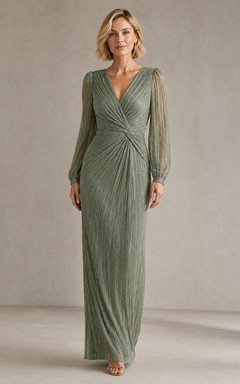 Vestido formal largo hasta el suelo, elegante y moderno, de jersey con cuello en V y mangas largas fruncidas, color verde salvia.
