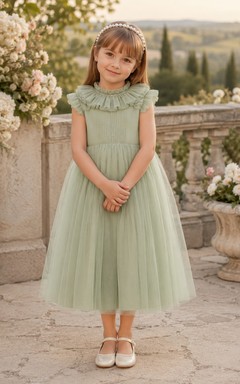 Flower Girl Dress Sage Tulle A-Line Jewel Neck Tea Length Bow Back