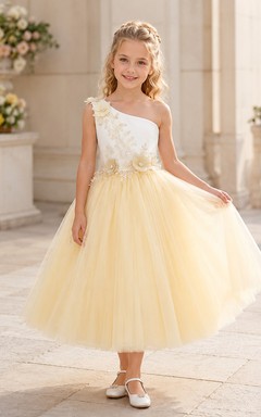 Flower Girl Dress Daffodil Tulle A-Line Jewel Neck Tea Length Bow Back