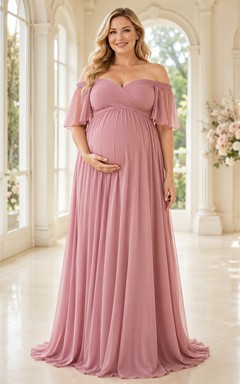 Dusty Rose Plus Size Maternity Off-Shoulder Flutter Sleeve Chiffon Formal Gown