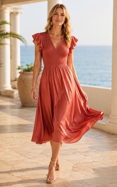Vestido de gasa color coral con escote en V, manga corta y corte en A hasta los tobillos