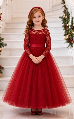 Red Jewel Neck Lace Long Sleeve Tulle Tea-Length Romantic Winter Flower Girl Dress