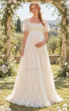 Boho Maternity Square Neck Puff Sleeve Chiffon Wedding Dress