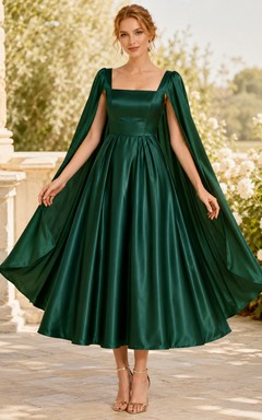 Dark Green Square Neck Long Cape Sleeve Satin A-Line Midi Guest Dress