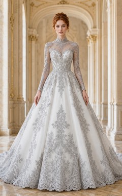 Graues Ballkleid aus Spitze, Brautkleid mit hohem Kragen, langen Ärmeln, bodenlanger Kathedralenschleppe, schlicht