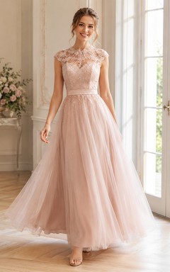 Romantic Blush Halter Illusion Lace Tulle A Line Formal Guest Gown