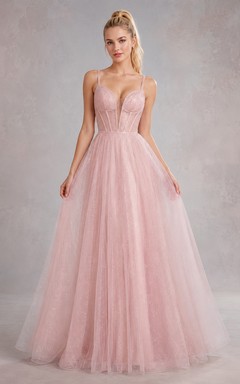 Vestido de fiesta largo hasta el suelo, de corte A, sin tirantes, de tul y con corsé color rosa empolvado
