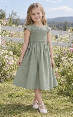 Simple Tea-length Sage Bateau Cap Sleeve Smocked Cotton A-line Flower Girl Dress