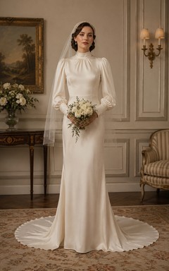 Vintage High Neck Satin Poet Sleeve Wedding Dress