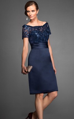 Short-Sleeved Knee-Length Mother Of The Bride Dress With Sequins And Illusion Style