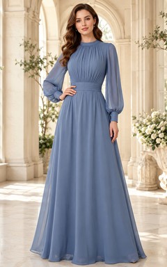 Steel Blue Modest Long Sleeve Chiffon A-Line Evening Dress
