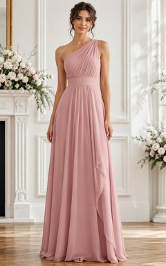 Dusty Rose One-Shoulder A-Line Chiffon Bridesmaid Dress with Cascade Ruffle