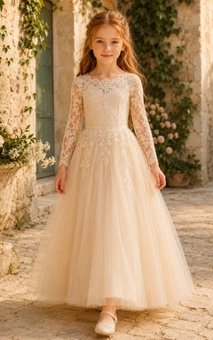 Floor-Length Tulle with Lace Bodice A-Line Flower Girl Dress with Short Sleeves, Jewel Neck and Floor-Length Skirt