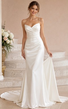 Simple Spaghetti V-Neck Low-V Back Satin Mermaid Court Train Wedding Dress
