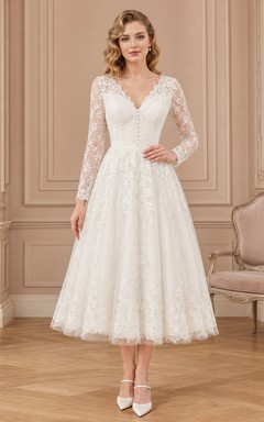 Vintage Tea-Length V-Neck Long Lace Sleeve Romantic Modest Wedding Dress