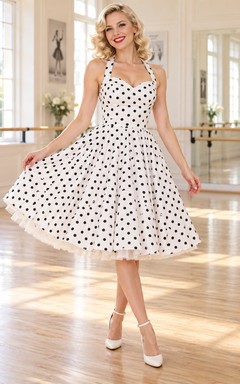 Vintage Tea-length White Black Polka Dot Halter Sweetheart Swing Dance Dress