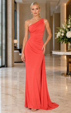 Coral One-Shoulder Ruched Jersey Sheath Split-Front Floor Evening Gown Modern