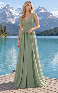 Robe de demoiselle d'honneur romantique vert sauge avec col en V froncé et jupe fluide trapèze