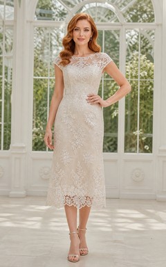 Tea-length Modest Bateau Floral Lace Cap Sleeve Sheath Wedding Dress