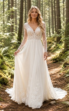 Brautkleid im Landhausstil mit Spitze, A-Linie, herzförmigem Schnitt, langen Ärmeln, Schleppe und tiefem V-Ausschnitt am Rücken