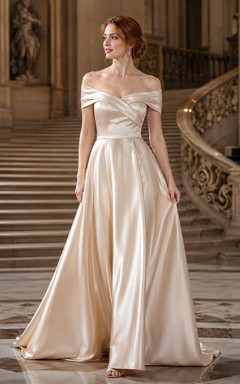 Vestido de fiesta largo de satén color champán con escote de hombros descubiertos y corte en A.