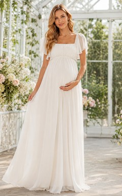 Robe longue blanche de maternité grande taille, col carré, manches papillon, en mousseline, coupe empire, longueur au sol