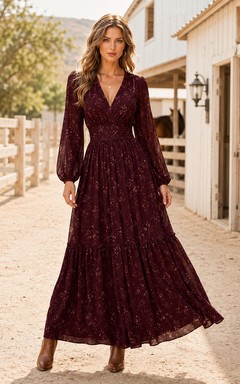 Bordeauxrotes Folklore-Kleid in A-Linie, knöchellang, V-Ausschnitt, lange Ärmel, Spitze, Bohemian-Stil