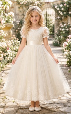 Lace Bodice Tulle A-Line Flower Girl Dress with Short Sleeves, Jewel Neck and Tea-Length Skirt
