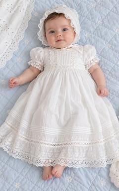 White Puff Sleeve Pintucked Lace Panel Long Baby Baptism Dress