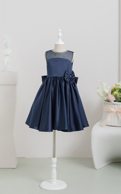 Jewel Satin Short A-line Bowed Dark Navy Flowergirl Dress
