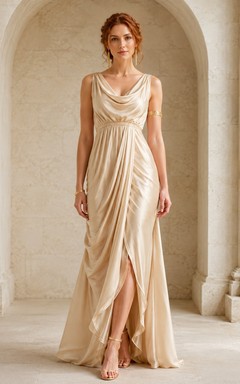 Champagne Cowl Neck Jersey Sheath Floor-Length Split Grecian Evening Dress
