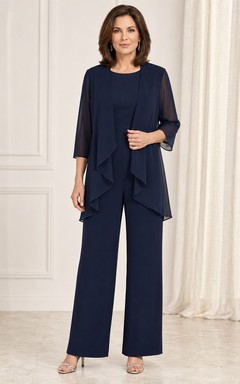 Conjunto de pantalón azul marino oscuro para madre, con chaqueta de gasa de manga transparente y pantalón de pierna ancha.