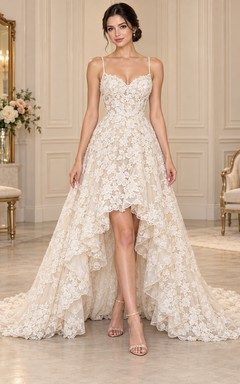 High-low Spaghetti Strap Sweetheart Floral Lace A-line Train Wedding Dress