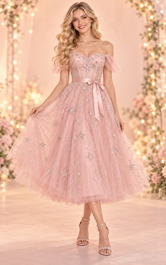 Fairy Tea-length Pink Sweetheart Off Shoulder Star Tulle Birthday Dress