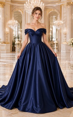 Navy Blue Off Shoulder Satin Ball Gown Chapel Train Wedding Dress