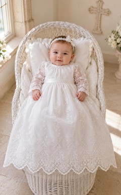 Scalloped Lace Hem Baptism Dress A-Line Tulle Square Neck Long Sleeve