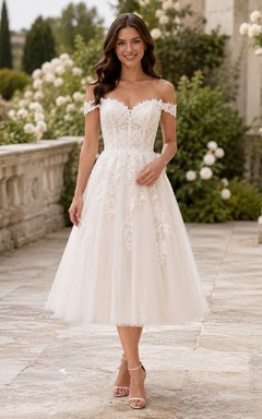 Vintage Lace Tulle Wedding Dress A-Line Off Shoulder Tea Length Bridal Gown