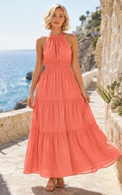 Coral Chiffon Halter Sleeveless Tiered Ankle Length Beach Dress
