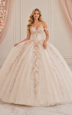 Ivory Blush Luxury Off Shoulder Floral Embroidered Quinceanera Princess Formal Ball Gown