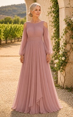 MOB-Kleid, altrosa Tüll, A-Linie, lange Ärmel, U-Boot-Ausschnitt, bodenlang, plissiert