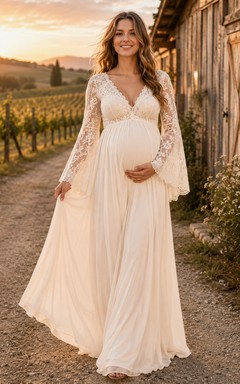 Vestido de novia premamá de manga larga con escote en V y encaje, estampado de viñedos.