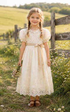 Flower Girl Dress Ivory Lace Tulle A-Line Short Sleeve Scoop Neck Tea Length