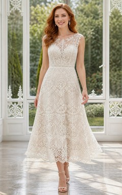 Vestido de novia civil sin mangas, de corte A, estilo vintage, modesto, de encaje y largo hasta la rodilla.
