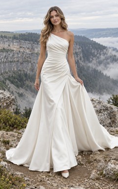 Vestido de novia moderno y sencillo de satén elástico con un solo hombro y cola larga hasta el suelo.