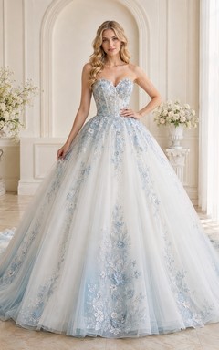 Nebelblaues, leuchtendes Ballkleid, ärmellos, romantisches Tüll-Hochzeitskleid mit Herzausschnitt
