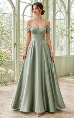 Sage Satin Off-the-shoulder Short Sleeve A-Line Floor-length Elegant Modern Romantic Evening Formal Dress