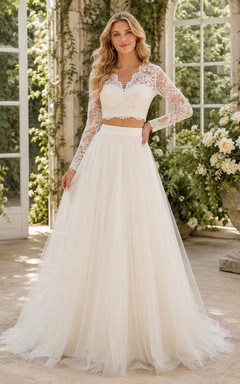 Beach Lace Tulle Wedding Dress Two Piece V-Neck Long Sleeve Sweep Train Bridal Gown