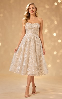 Champagne Strapless Floral Sequin Tea-Length A-Line Cocktail Dress