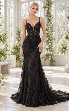 Black Mermaid Spaghetti Strap Plunging Lace Corset Bridal Wedding Dress