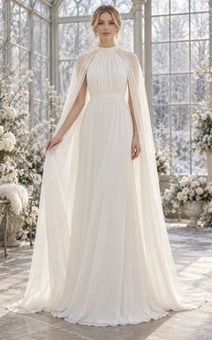 Schlichtes, hochgeschlossenes, plissiertes Chiffon-A-Linien-Hochzeitscape-Kleid